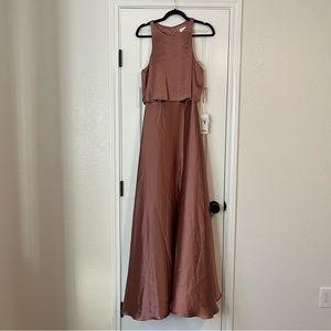 Revelry Wren Satin Fitted High Neck A-line Bridesmaid Dress 10 Desert Rose